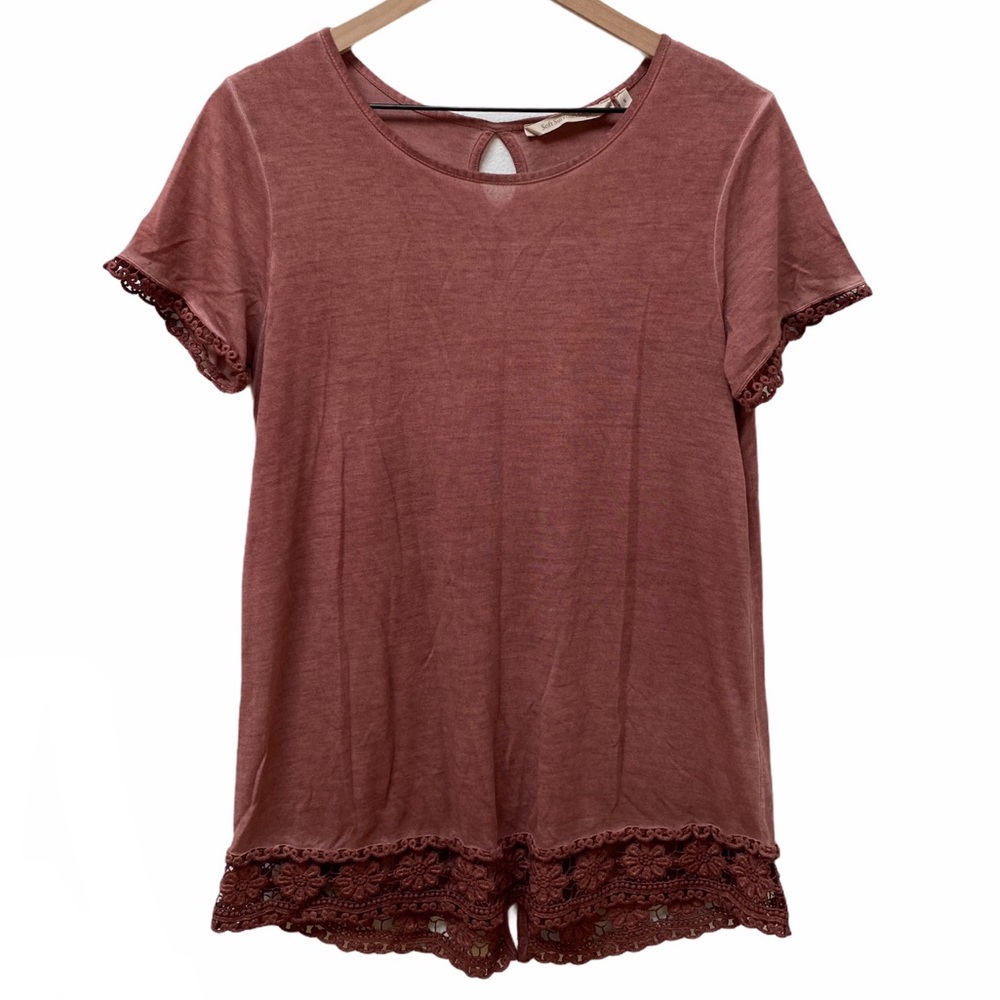 Soft Surroundings Pink Crochet Trim Keyhole Neck Tunic T-Shirt Women’s S…